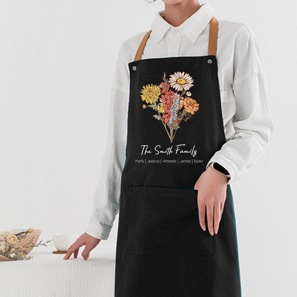 50%OFF⭐️Personalized Birth flower Bouquet Names Apron Waterproof