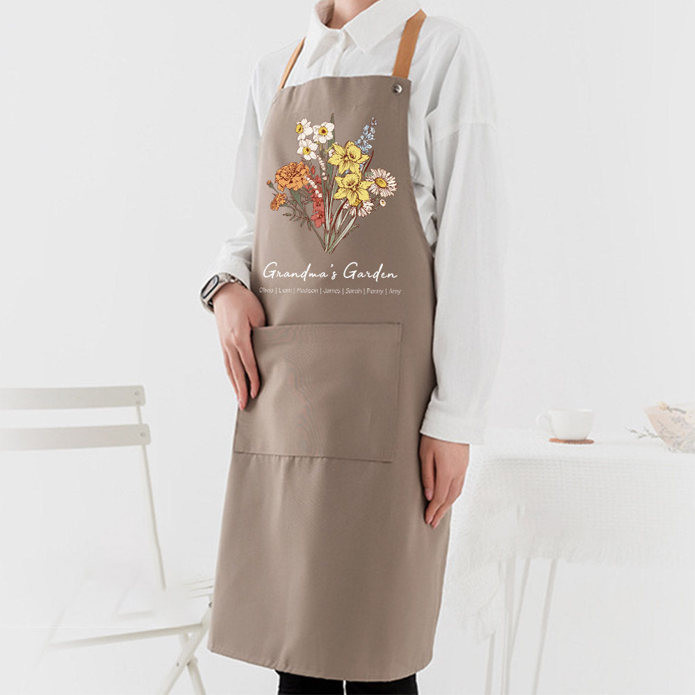 50%OFF⭐️Personalized Birth flower Bouquet Names Apron Waterproof