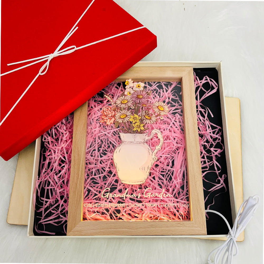 Custom Birth Flower Bouquet Vase LED Light Frame With Name