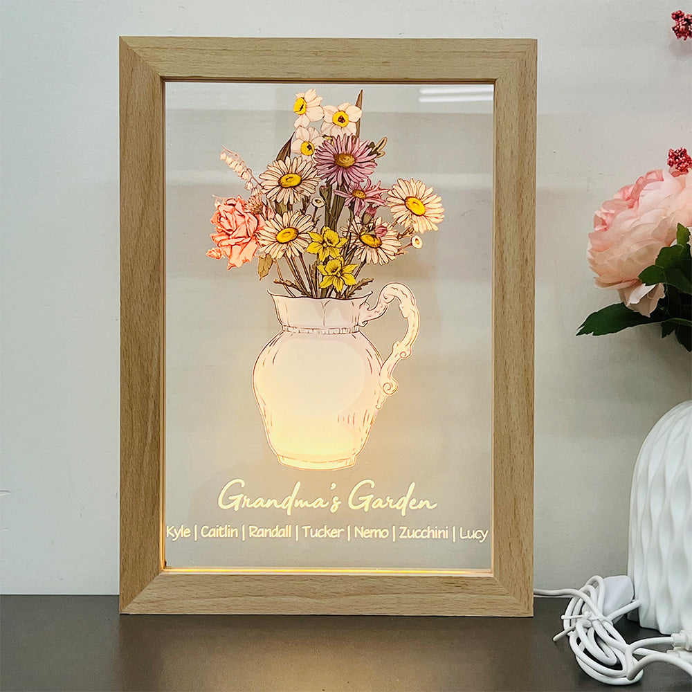 Custom Birth Flower Bouquet Vase LED Light Frame With Name