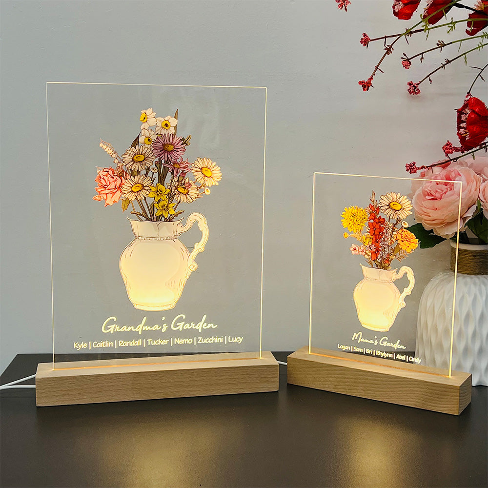 Custom Birth Flower Bouquet Vase LED Light Frame With Name