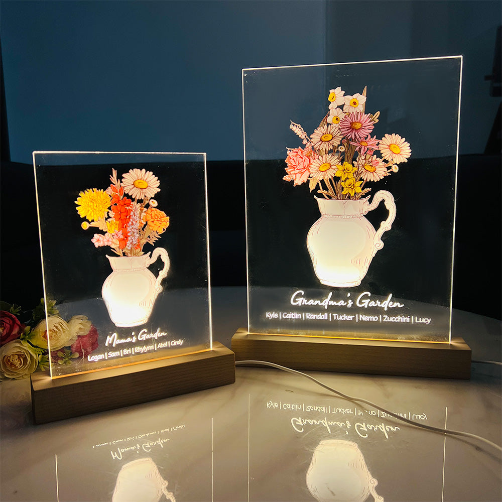 Custom Birth Flower Bouquet Vase LED Light Frame With Name