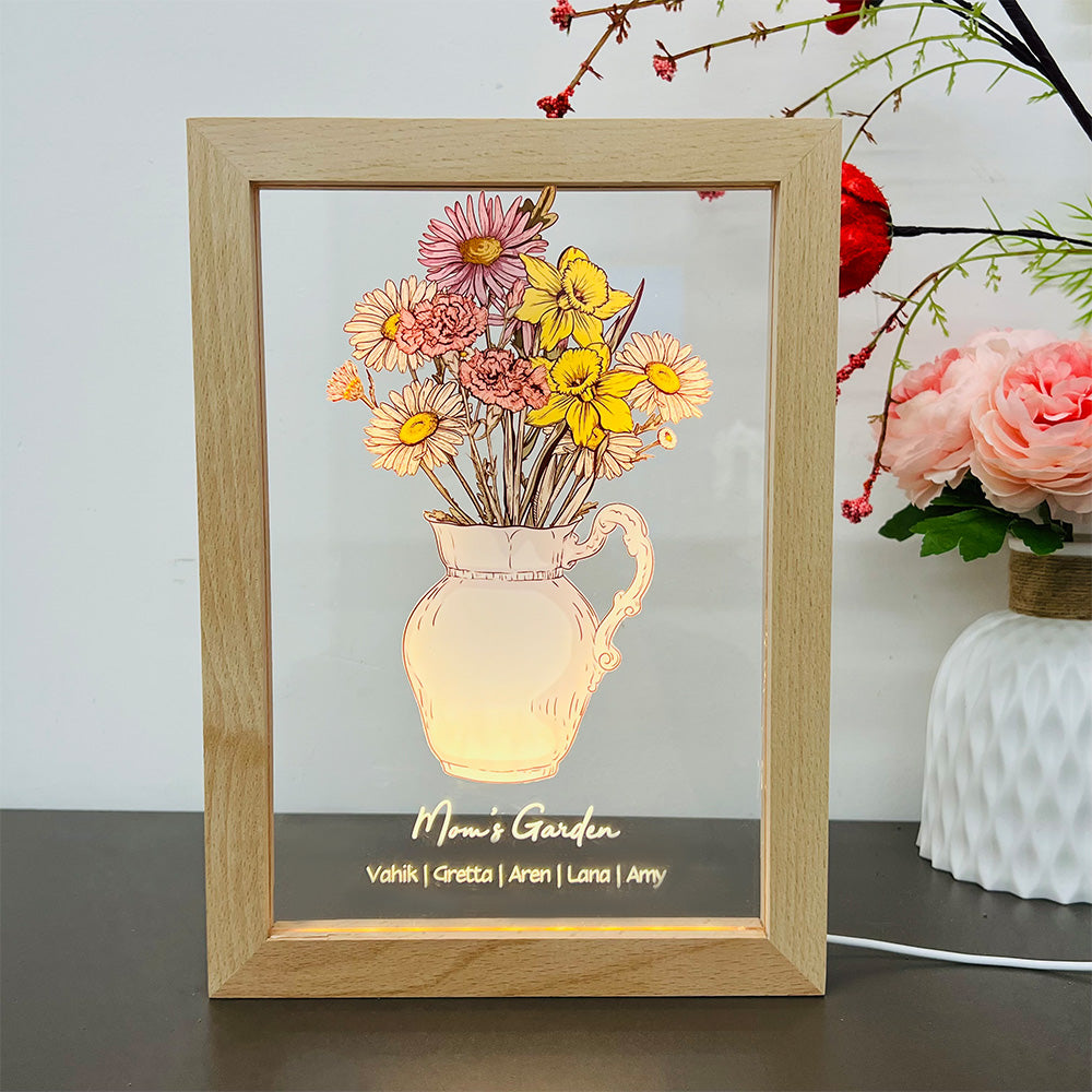 Custom Birth Flower Bouquet Vase LED Light Frame With Name