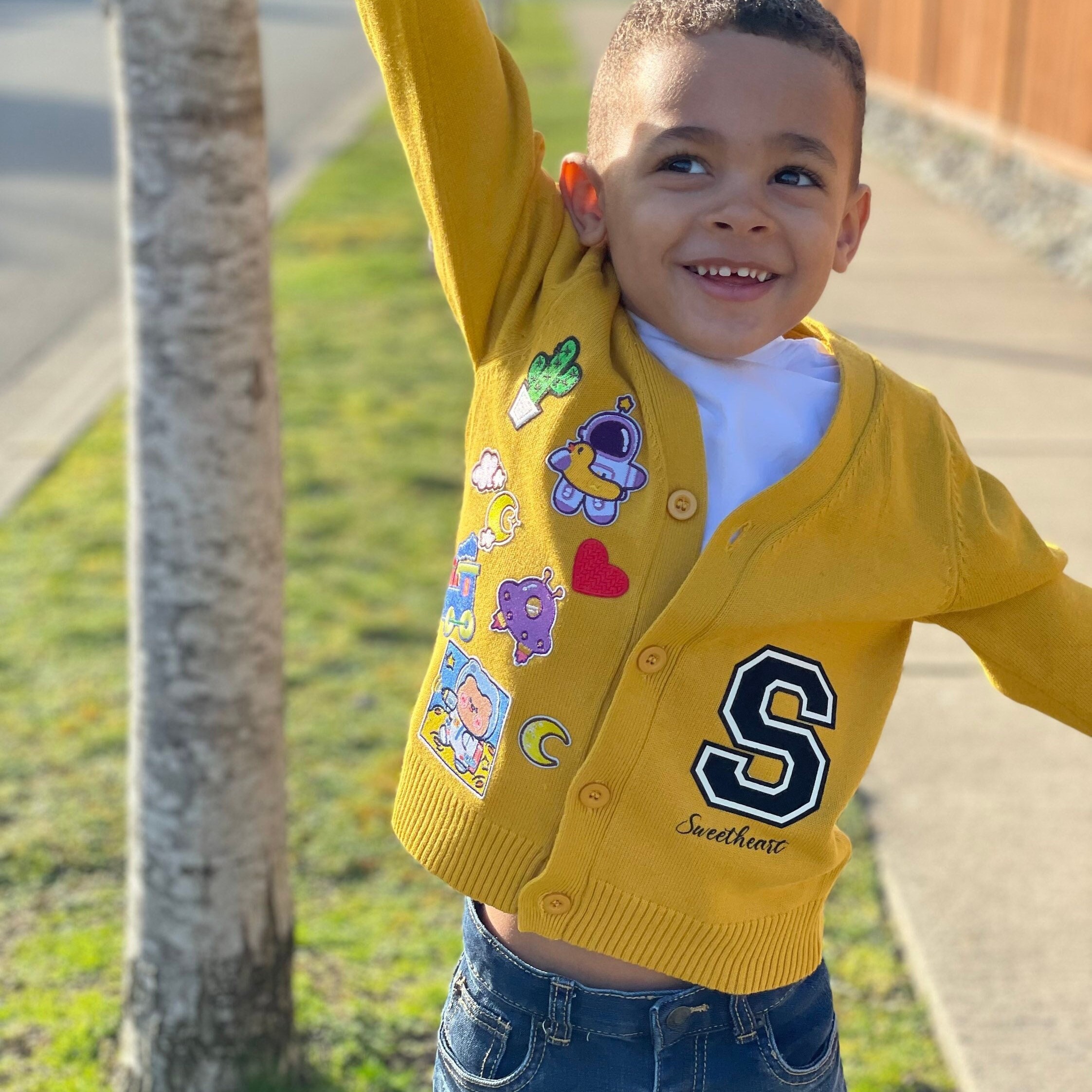 Personalized Hand Patch Color Kids Button Cardigan
