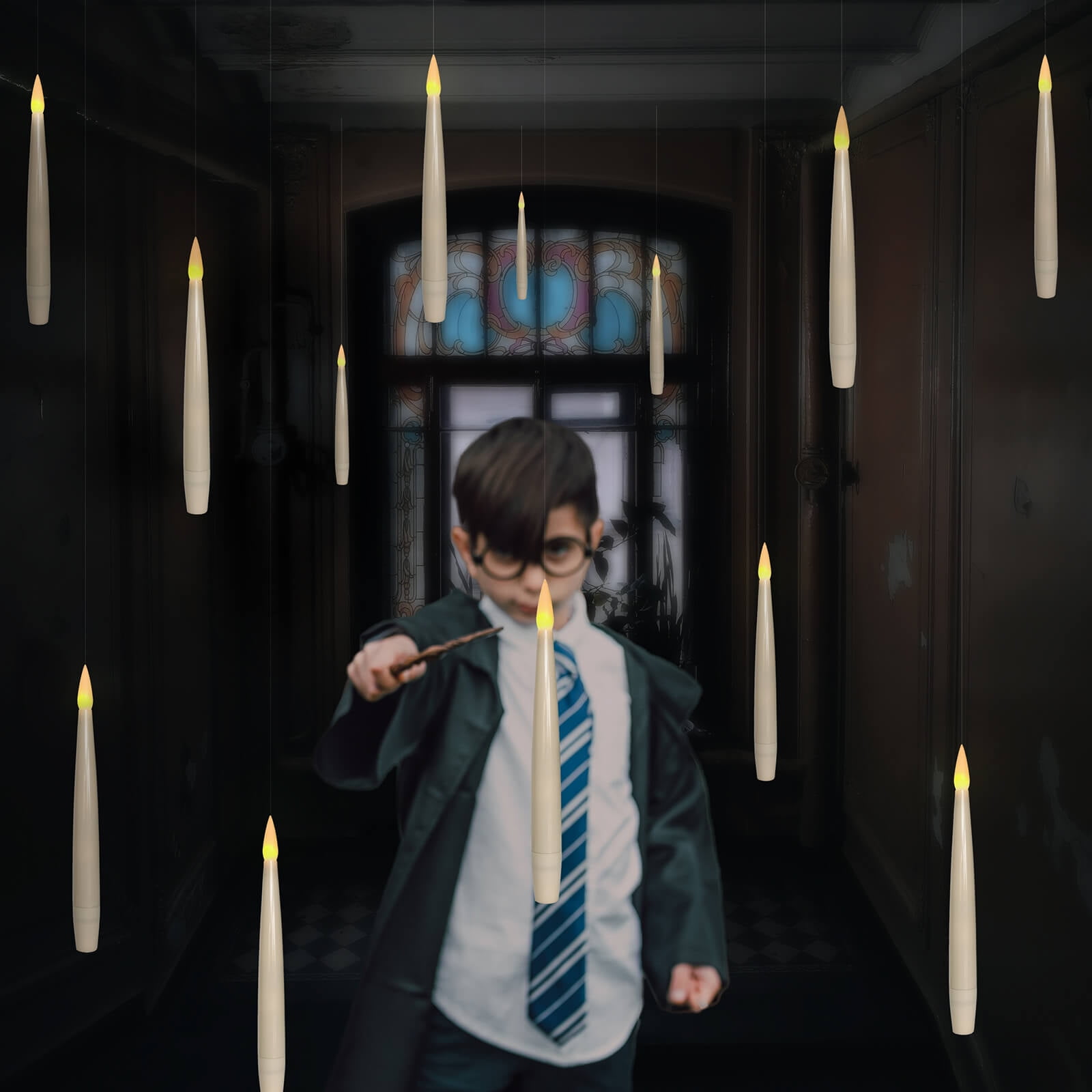 Floating Flameless Candles with Wand Remote and Timer, Halloween Christmas Theme Party Window Decor