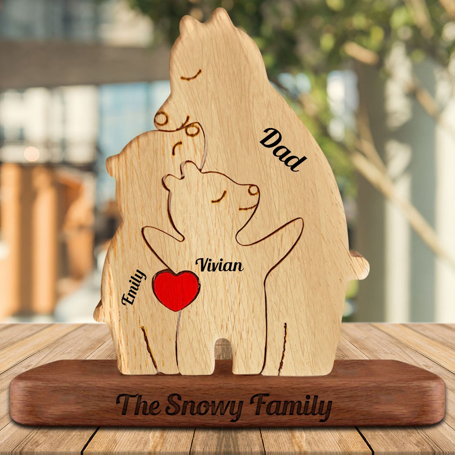 Personalized Single Parent Family With Stand - Puzzle Wooden Bear Family - Wooden Pet Carvings