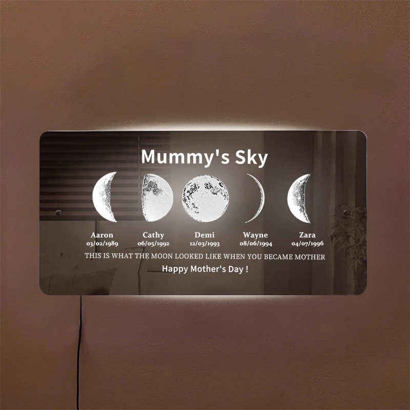 Custom Moon Phase Frame Mirror Light With Text & Date- Custom Art Frame for Mum - Mummy's Universe