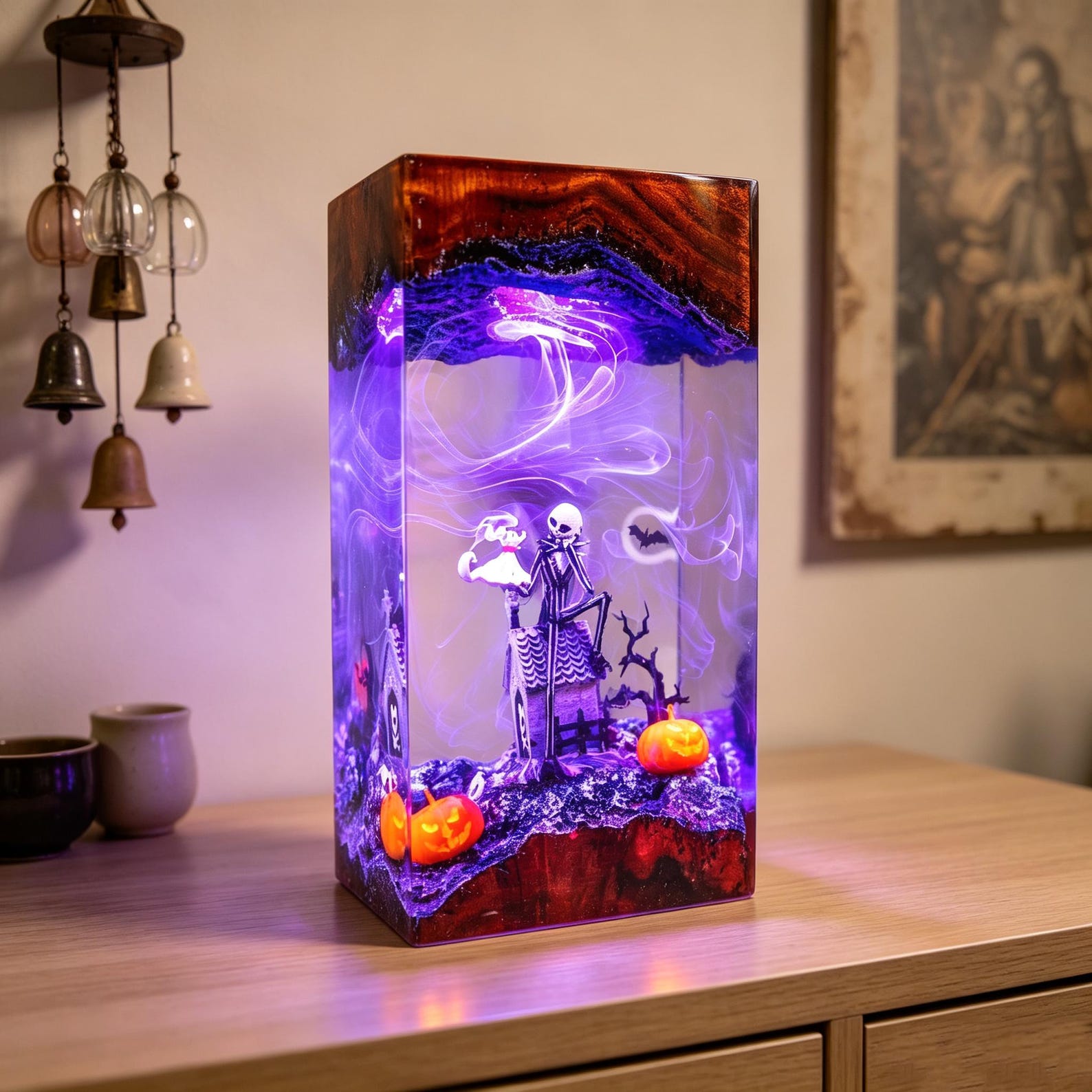 🎃Halloween Resin Epoxy Night Lamp – Spooky Hand, Bats & Pumpkin Gothic Home Decor Light