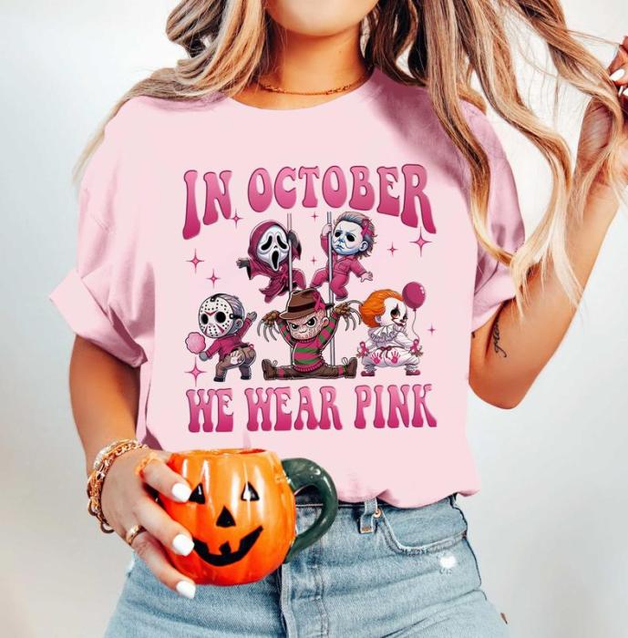 In October We Wear Pink Shirt, Halloween Movie Shirt, Pink Halloween Characters, Pink Ribbon, Breast Cancer Awareness, Cancer Support Shirt, Sp00ky Season Shirt