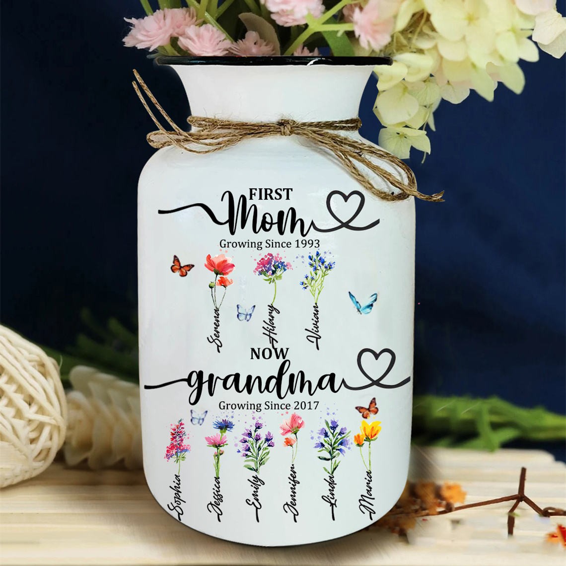 First Mom Now Grandma Custom Birth Flower Vase With Kids Name For Mother's Day
