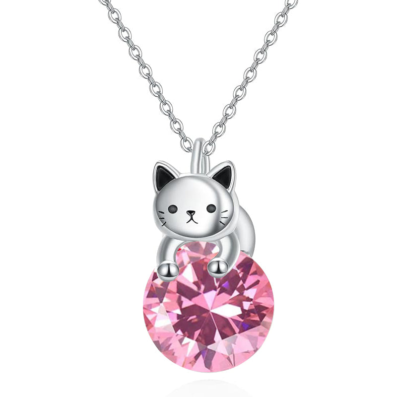 Cat Necklace with Birthstone 925 Sterling Silver Cat Pendant Necklace Gift for Women