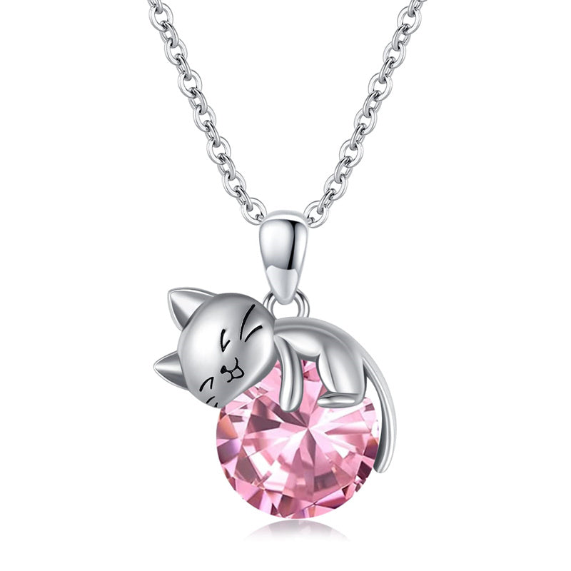 Cat Necklace with Birthstone 925 Sterling Silver Cat Pendant Necklace Gift for Women