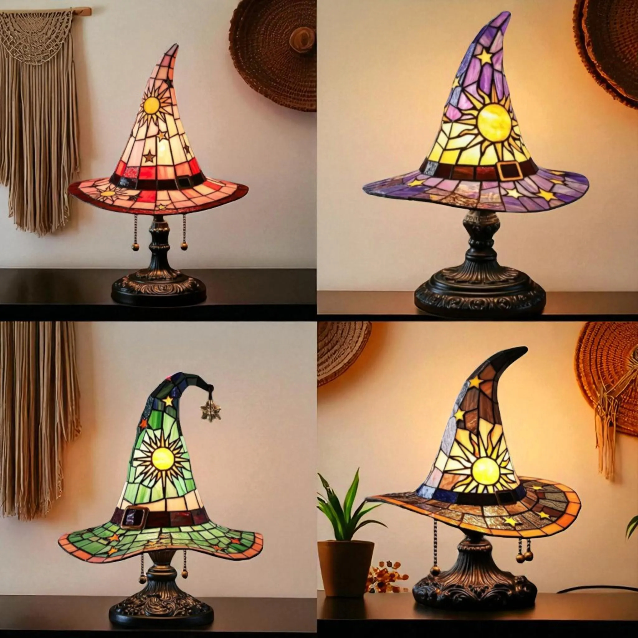 Halloween LED Stained Glass Witch Hat Lamp