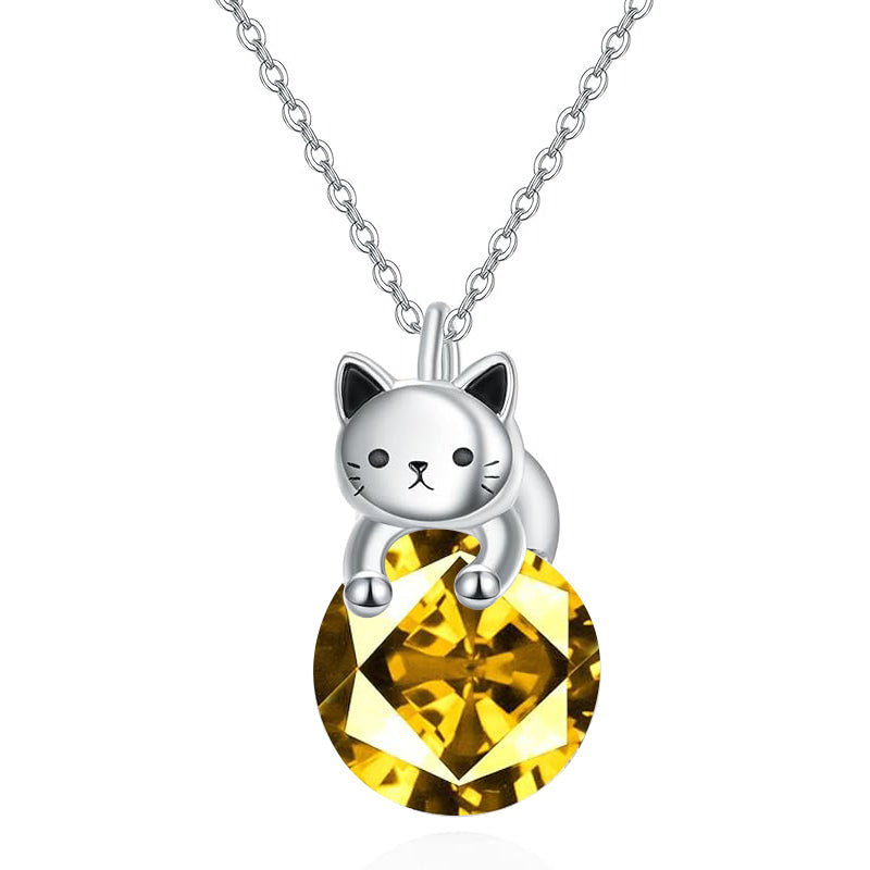 Cat Necklace with Birthstone 925 Sterling Silver Cat Pendant Necklace Gift for Women