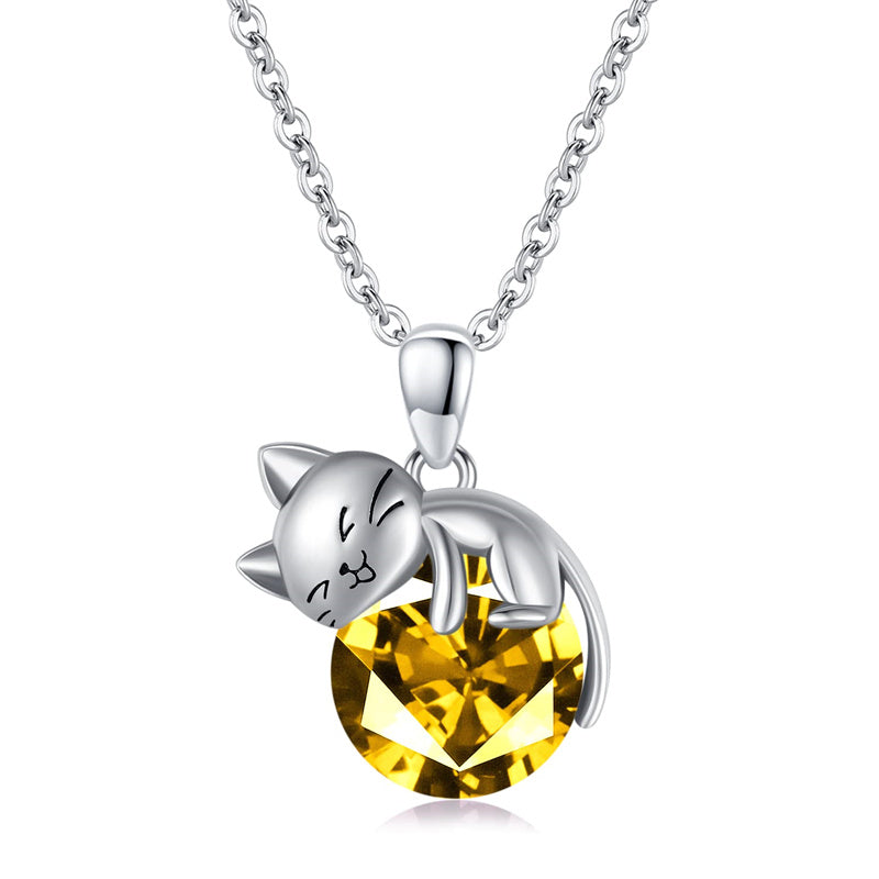 Cat Necklace with Birthstone 925 Sterling Silver Cat Pendant Necklace Gift for Women