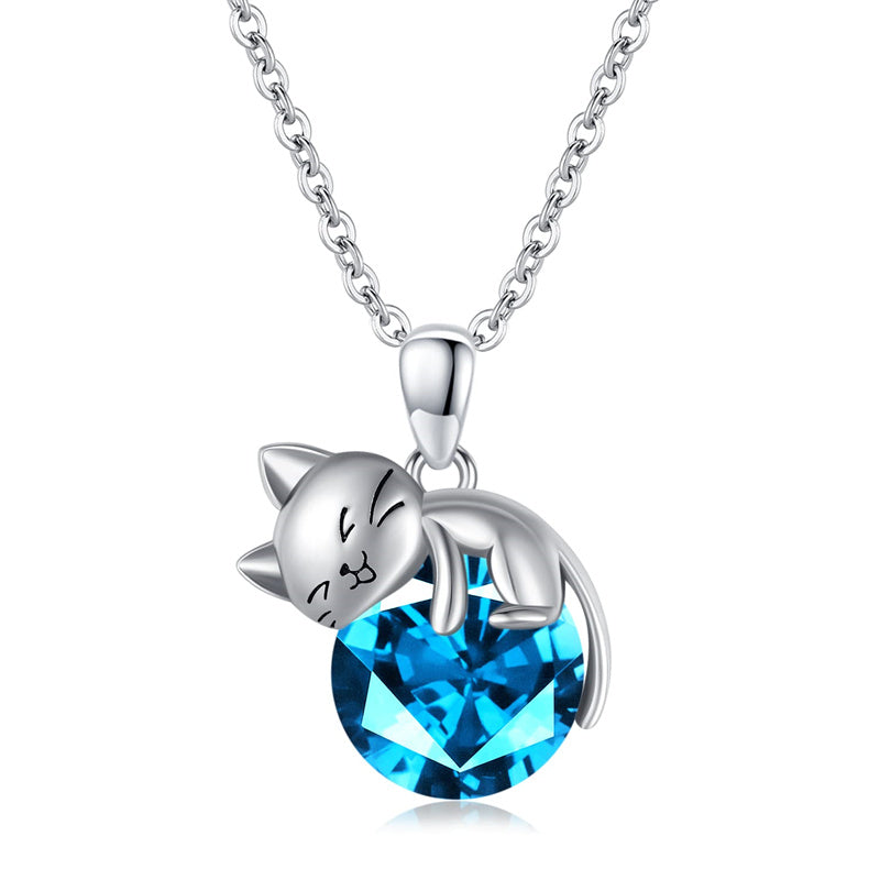 Cat Necklace with Birthstone 925 Sterling Silver Cat Pendant Necklace Gift for Women