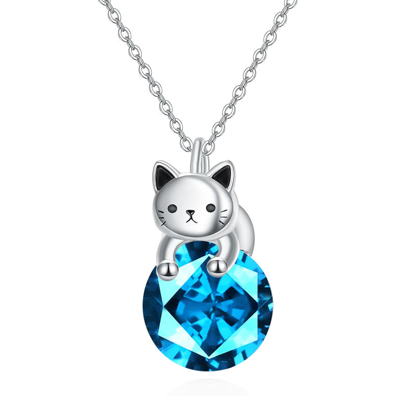 Cat Necklace with Birthstone 925 Sterling Silver Cat Pendant Necklace Gift for Women