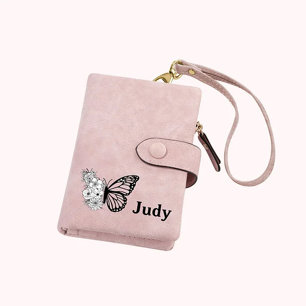 Personalized Tri-Fold Butterfly Birth Flower Leather Wallet with Coin Holder Birthday Christmas Gift for Woman