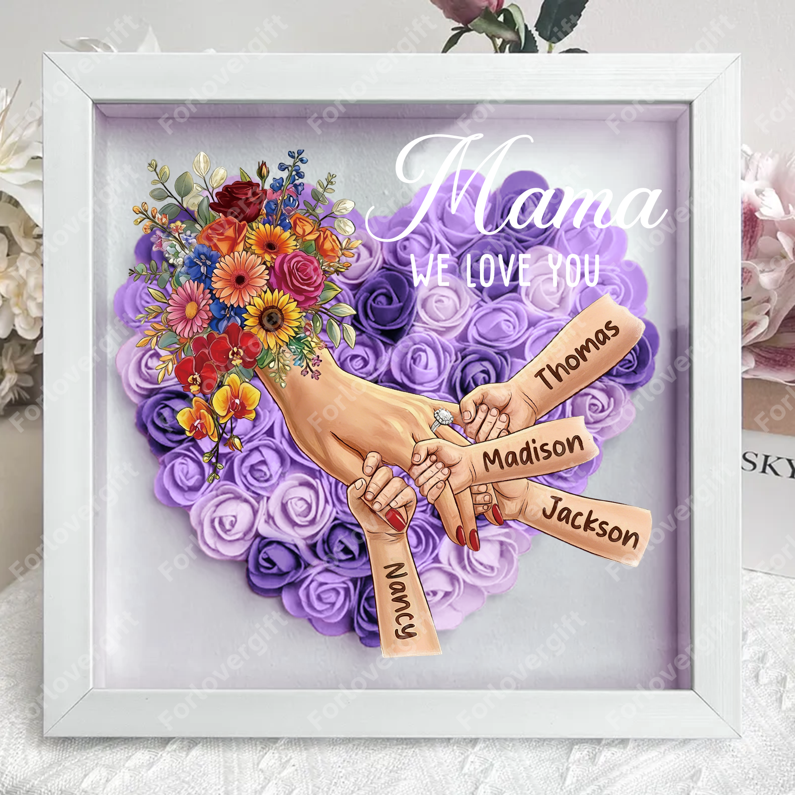 Personalized Mommy Holding Hands Shadow Box with Ring & Manicure – Custom Kids Names Floral Heart Frame, Premium Mother’s Day Gift