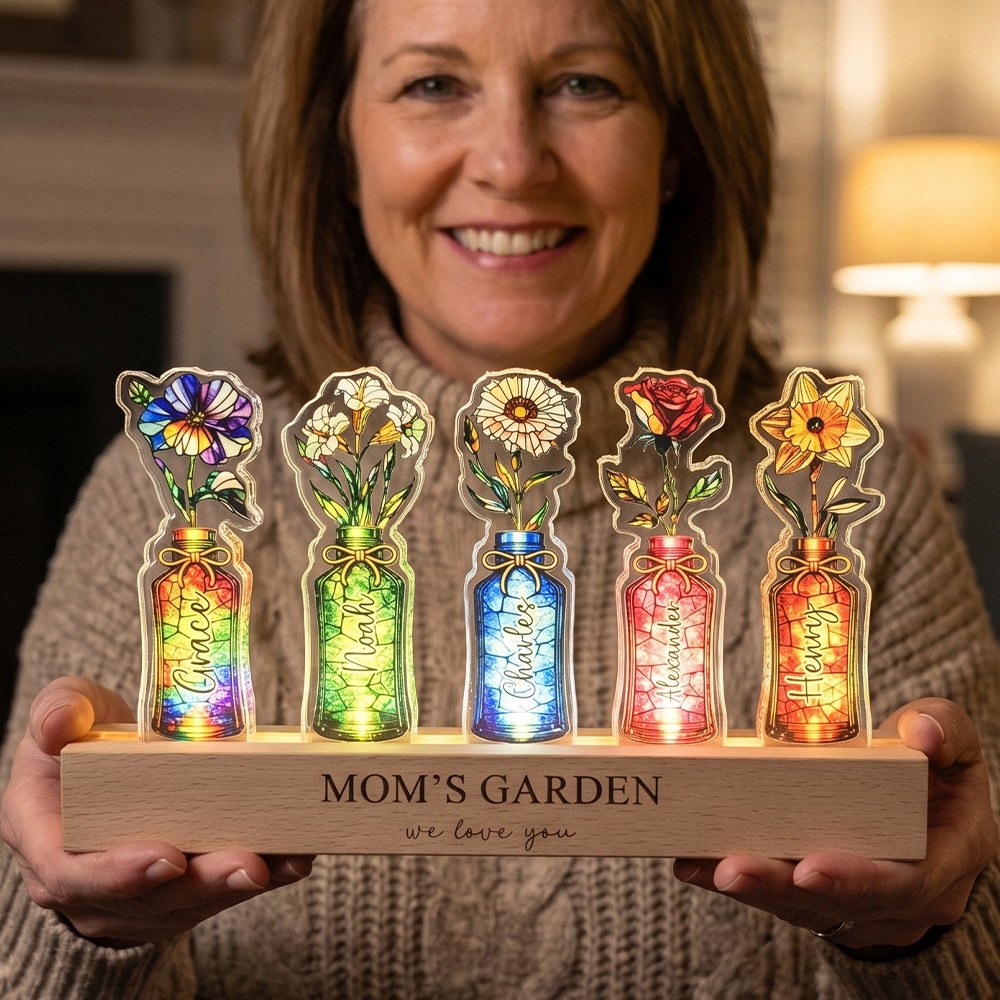 Mom's Garden Custom Birth Flower&Name 3D 15mm Thick Crystal Acrylic Light