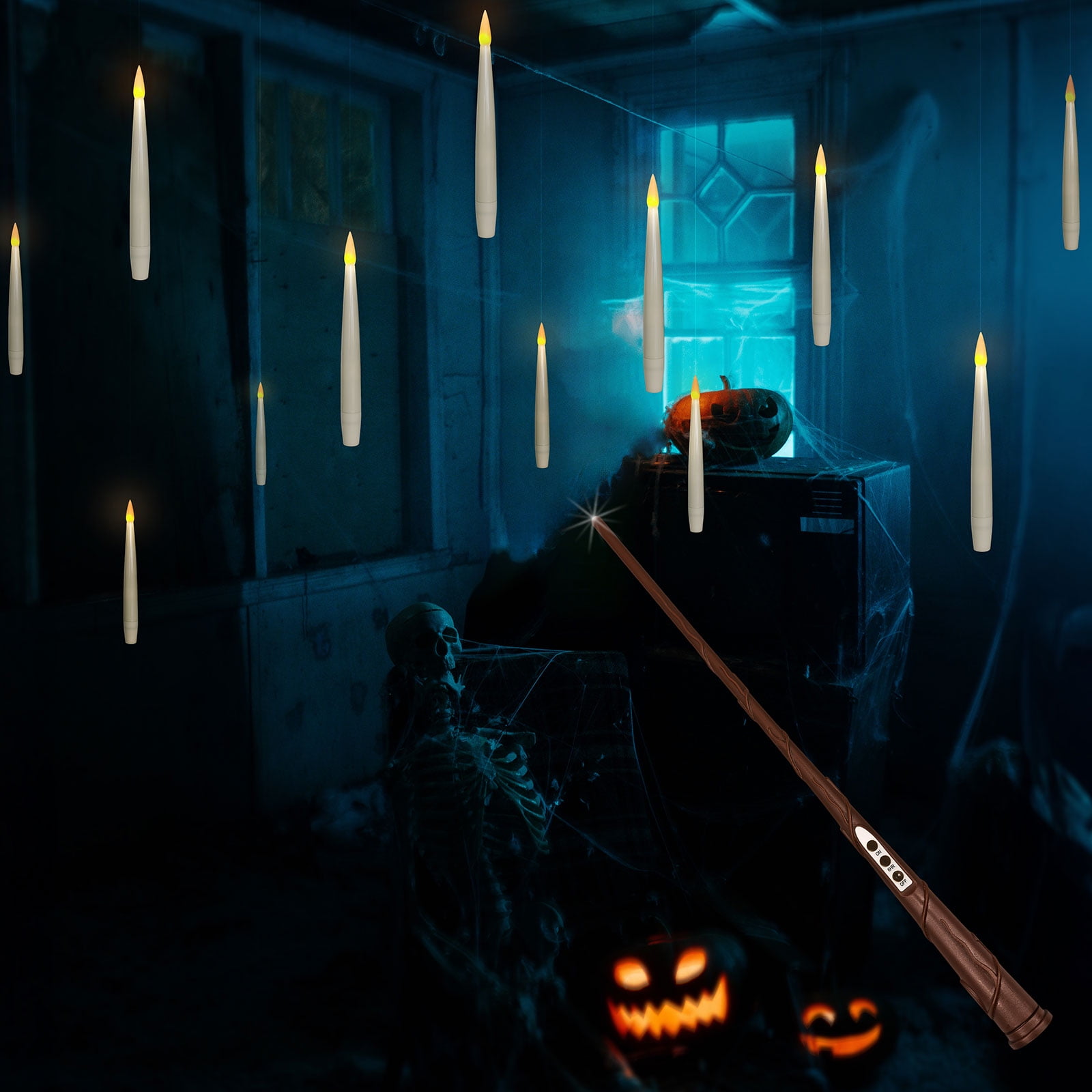 Floating Flameless Candles with Wand Remote and Timer, Halloween Christmas Theme Party Window Decor
