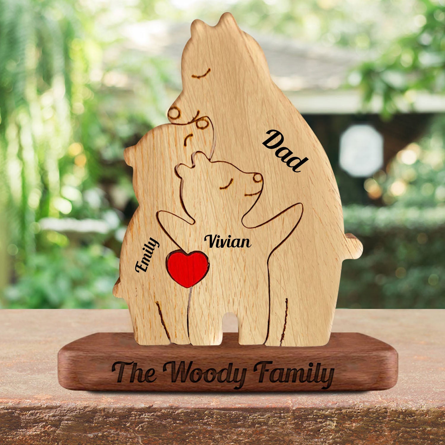 Personalized Single Parent Family With Stand - Puzzle Wooden Bear Family - Wooden Pet Carvings