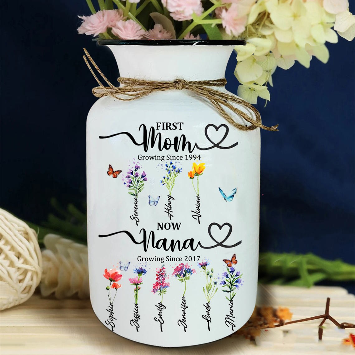 First Mom Now Grandma Custom Birth Flower Vase With Kids Name For Mother's Day