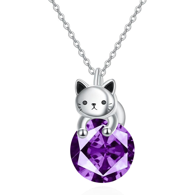 Cat Necklace with Birthstone 925 Sterling Silver Cat Pendant Necklace Gift for Women