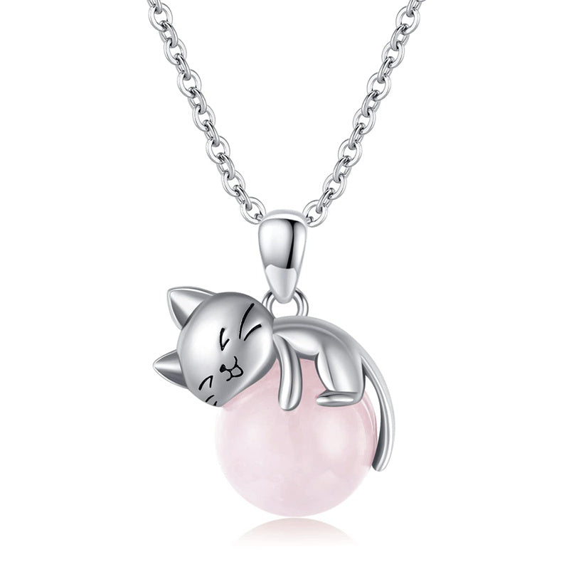 Cat Necklace with Birthstone 925 Sterling Silver Cat Pendant Necklace Gift for Women