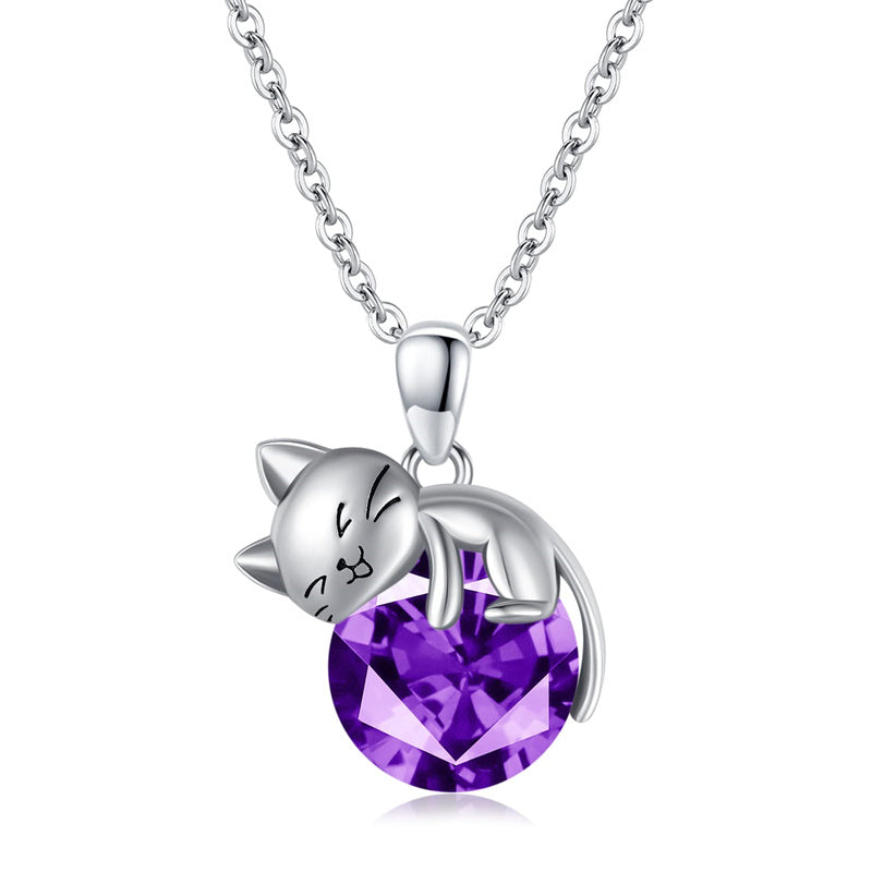 Cat Necklace with Birthstone 925 Sterling Silver Cat Pendant Necklace Gift for Women