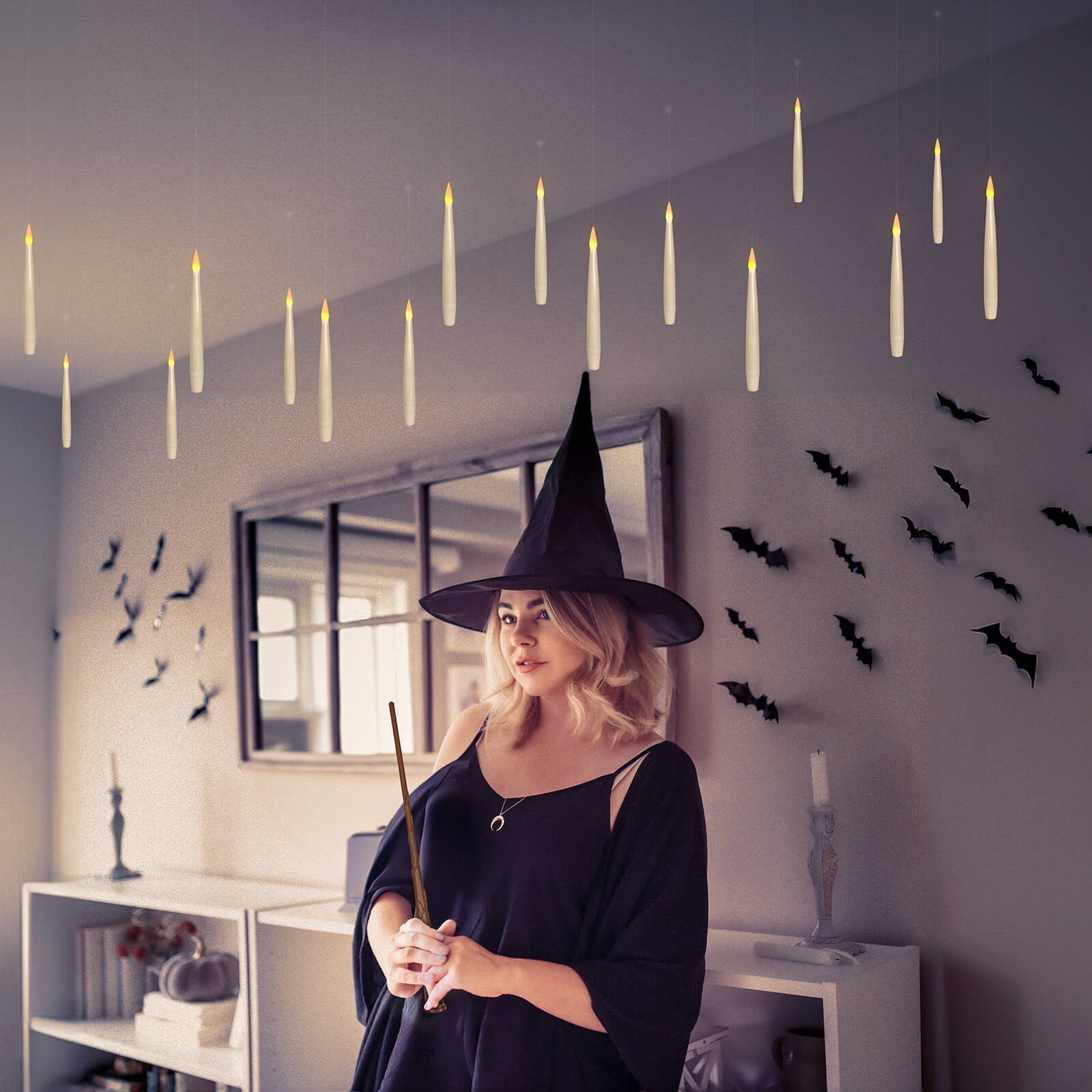 Floating Flameless Candles with Wand Remote and Timer, Halloween Christmas Theme Party Window Decor