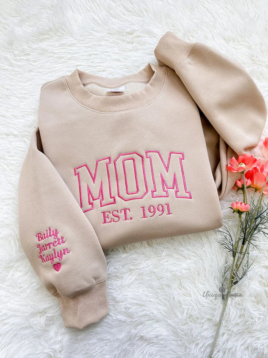 Custom Embroidered Mama Sweatshirt/Hoodie with Kids Names on Sleeve Mother's Day Gift