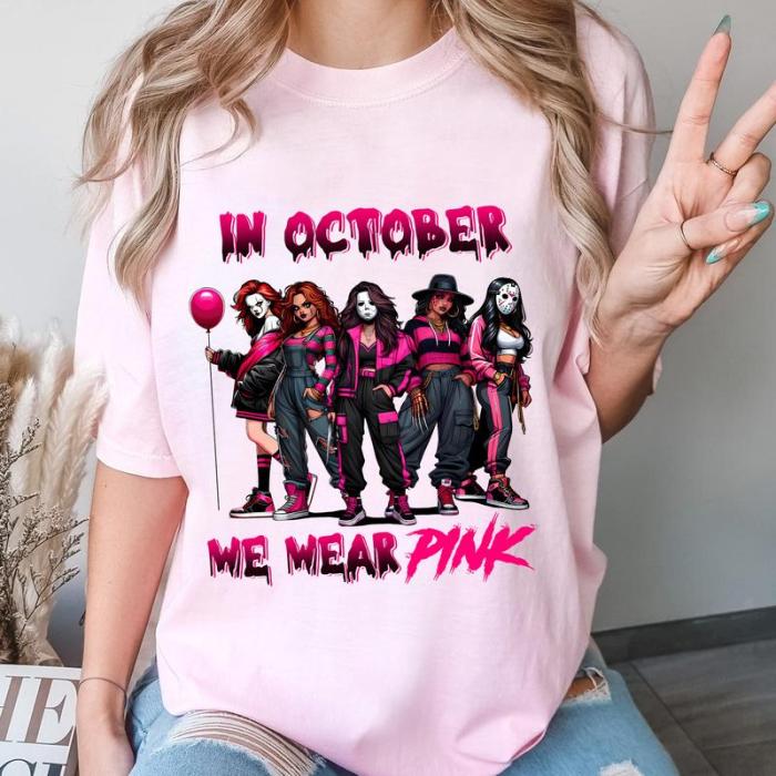 In October We Wear Pink Shirt, Halloween Movie Shirt, Pink Halloween Characters, Pink Ribbon, Breast Cancer Awareness, Cancer Support Shirt, Sp00ky Season Shirt