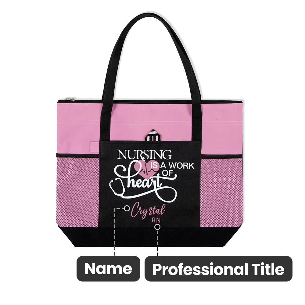 Personalized Nursing Is A Work of Heart Tote Bag Nurse Canvas Zippered Tote Bag Large Capacity Nurse Appreciation Gift Nurse Week Gift