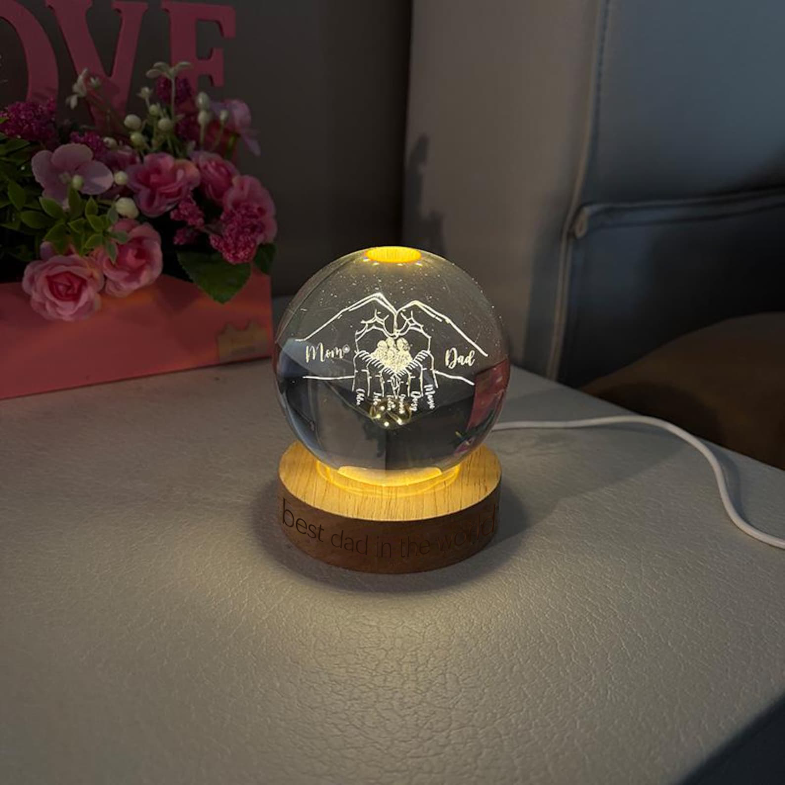 Customized Father's Day Moon Ball Night Light, crystal glass ball engraved with name and photo, for Dad