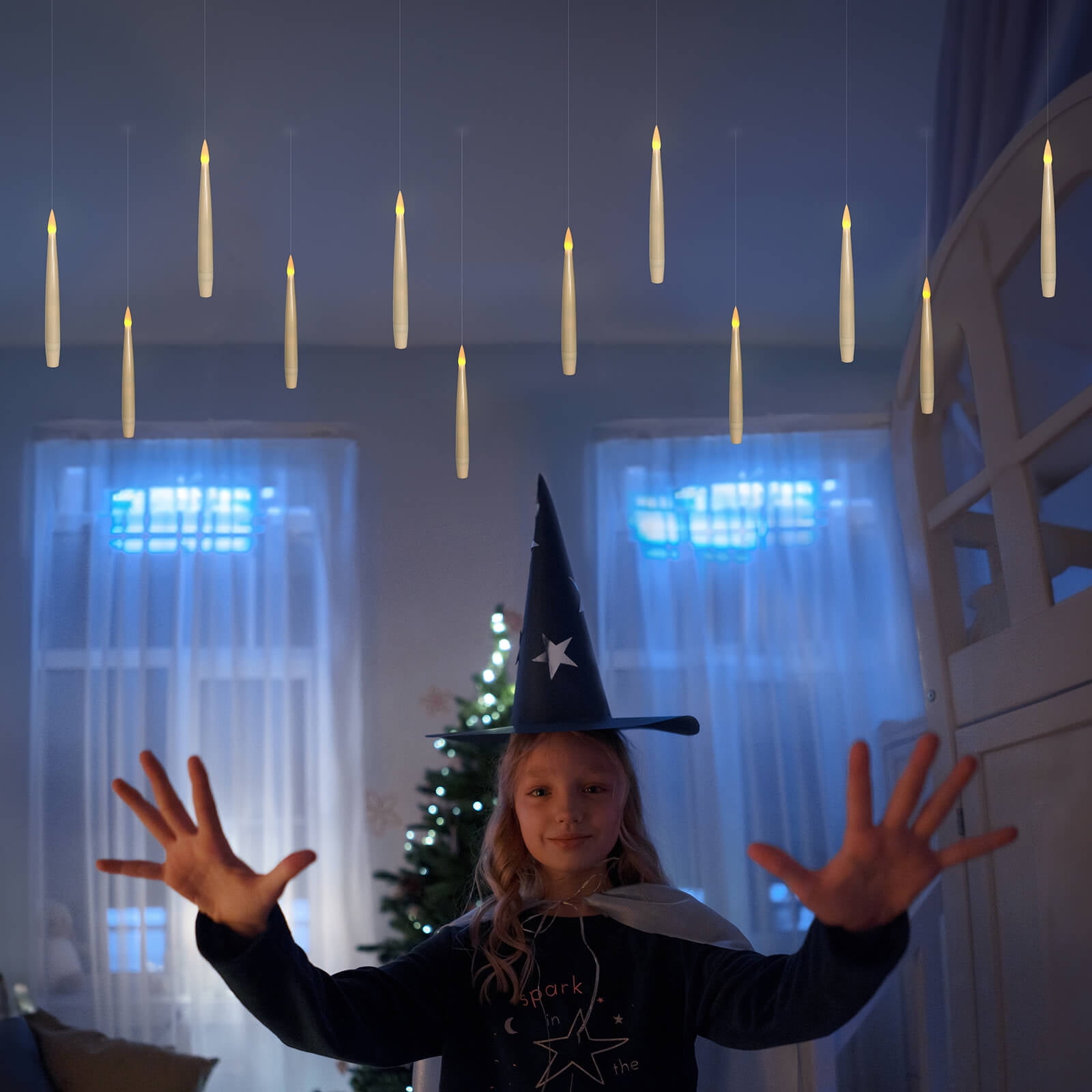 Floating Flameless Candles with Wand Remote and Timer, Halloween Christmas Theme Party Window Decor