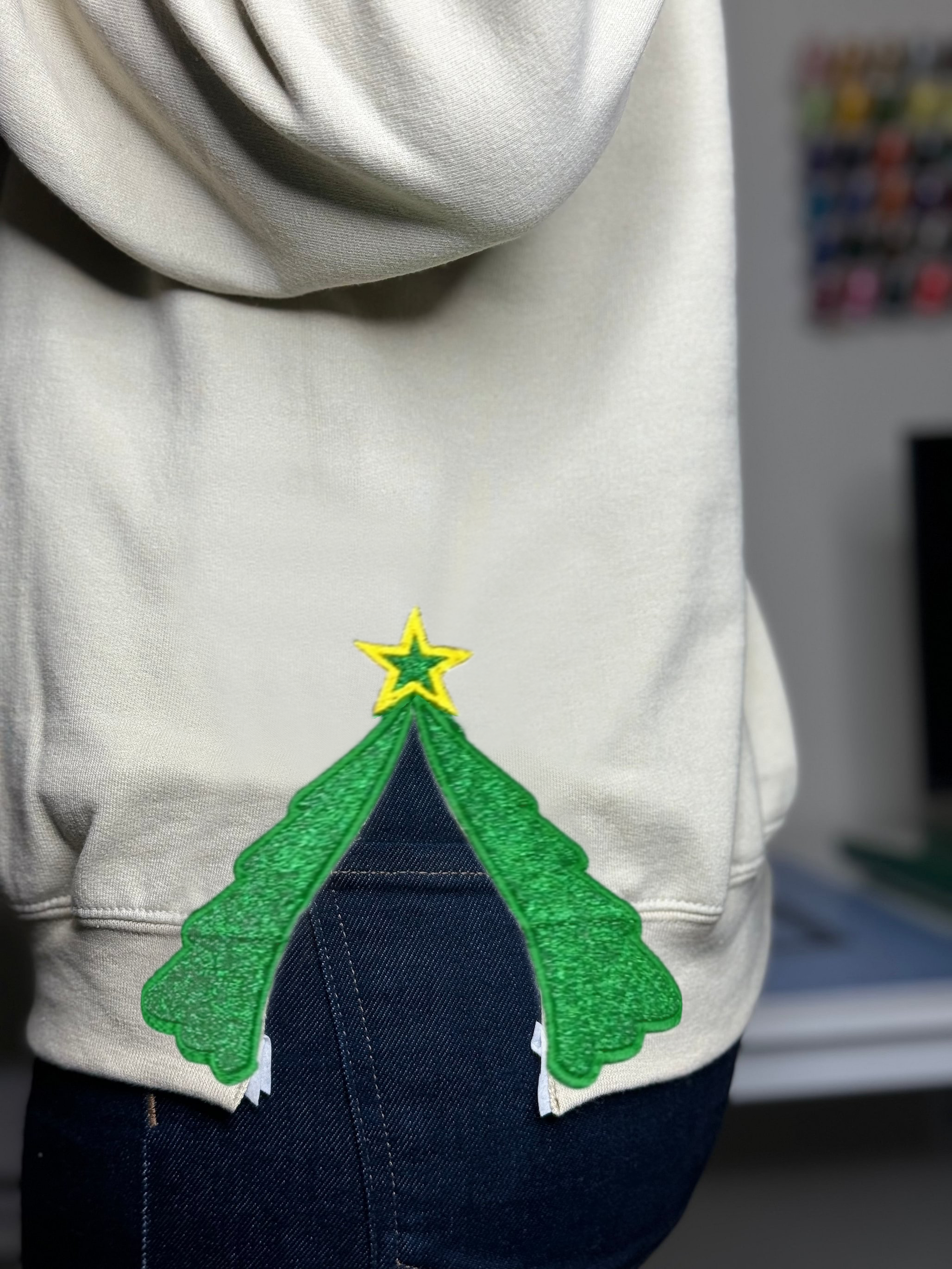 Custom Merry Christmas Embroidered, Two Side Christmas Tree Cut-Out Sweatshirt, Glitter Christmas Sweatshirt