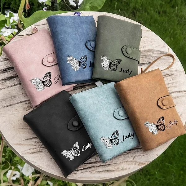 Personalized Tri-Fold Butterfly Birth Flower Leather Wallet with Coin Holder Birthday Christmas Gift for Woman