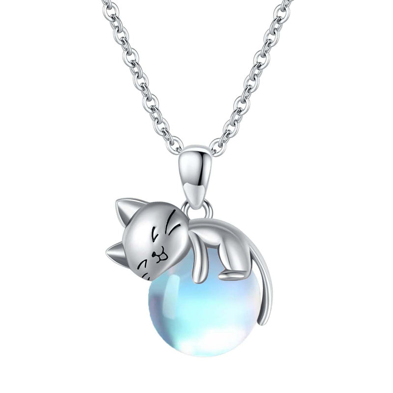 Cat Necklace with Birthstone 925 Sterling Silver Cat Pendant Necklace Gift for Women