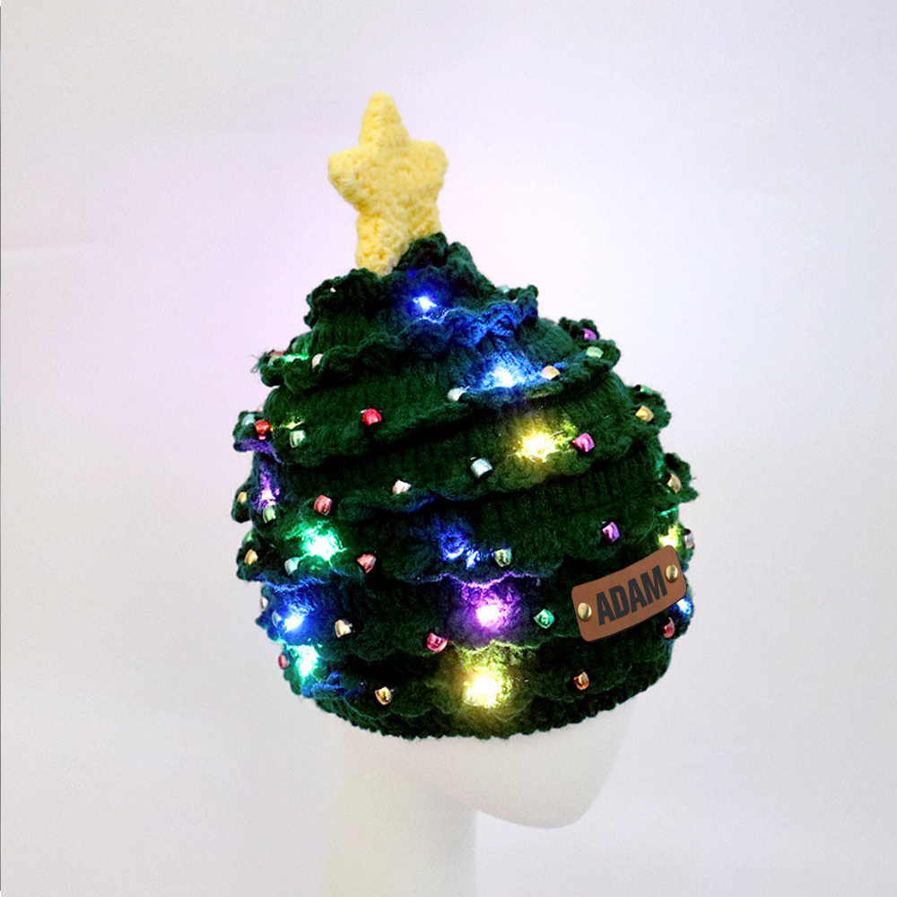 Personalized Leather Patch Christmas Tree Crochet Hat | MCGift51