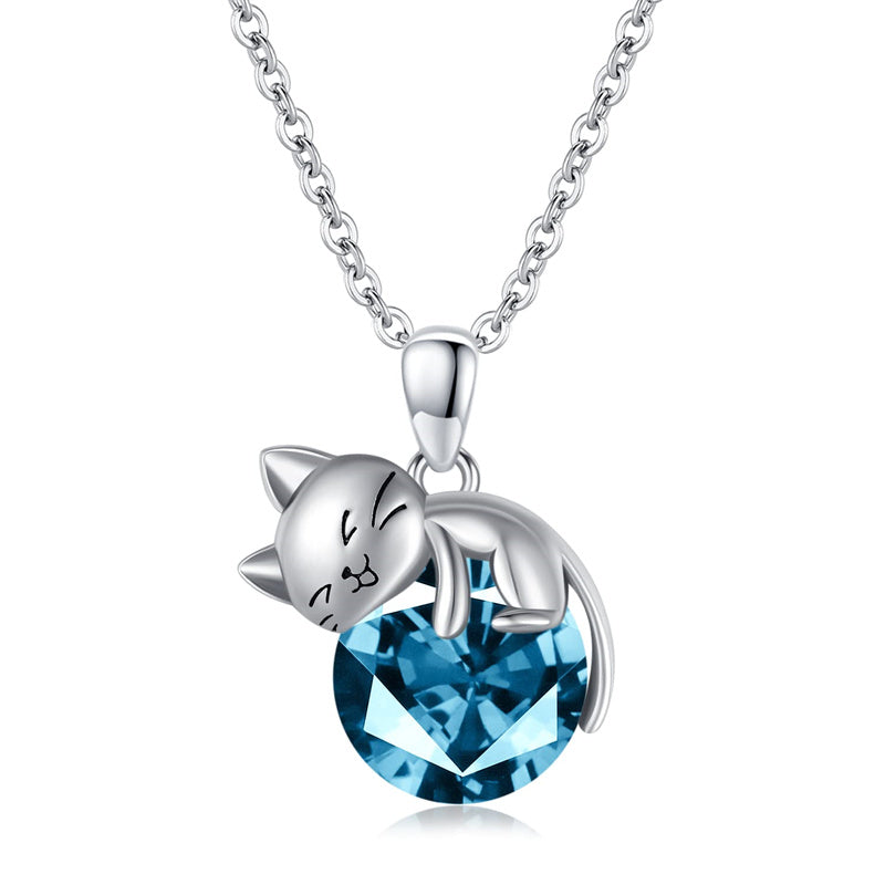 Cat Necklace with Birthstone 925 Sterling Silver Cat Pendant Necklace Gift for Women