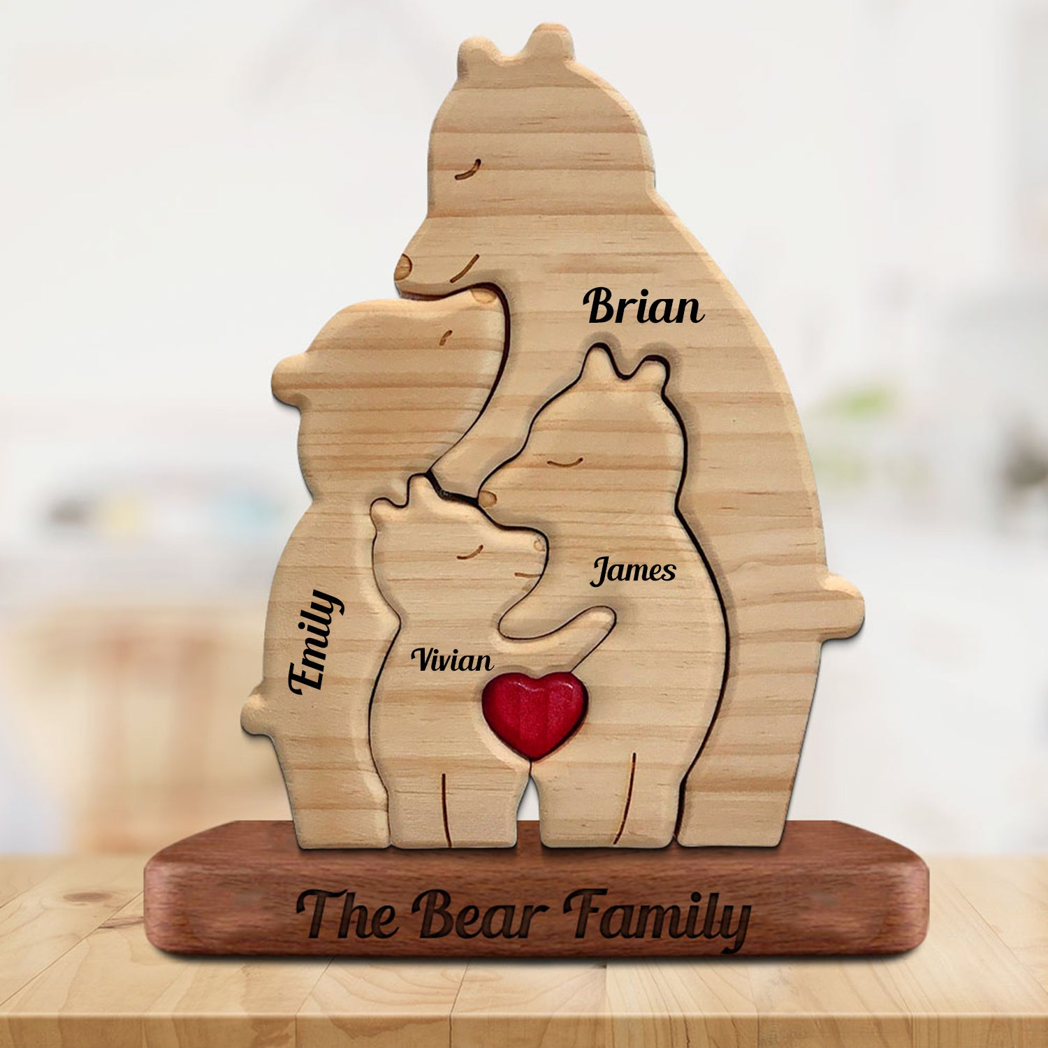 Personalized Single Parent Family With Stand - Puzzle Wooden Bear Family - Wooden Pet Carvings