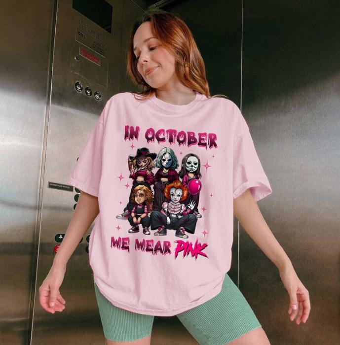 In October We Wear Pink Shirt, Halloween Movie Shirt, Pink Halloween Characters, Pink Ribbon, Breast Cancer Awareness, Cancer Support Shirt, Sp00ky Season Shirt