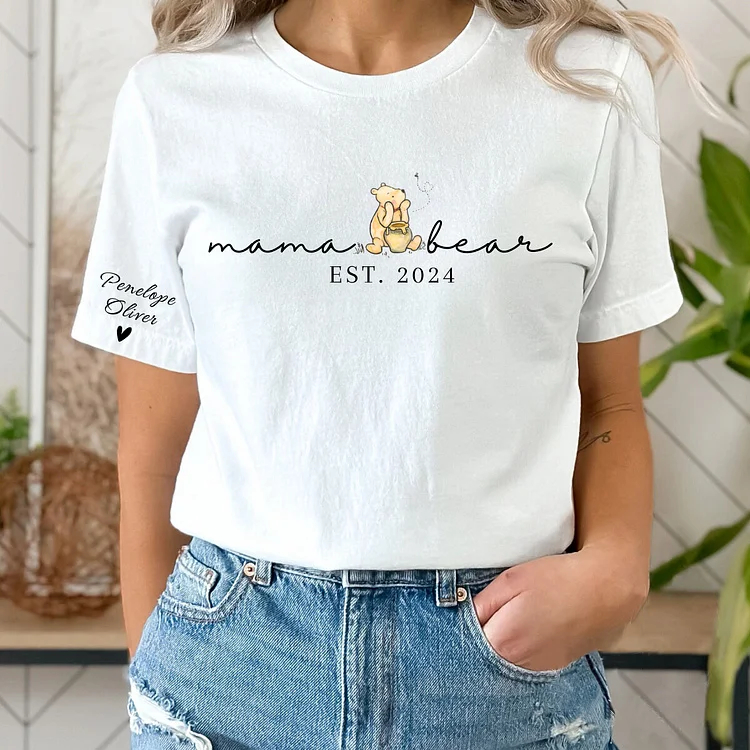 Custom Mama Bear Shirt with Kid Name on Sleeve,Mothers Day Gift