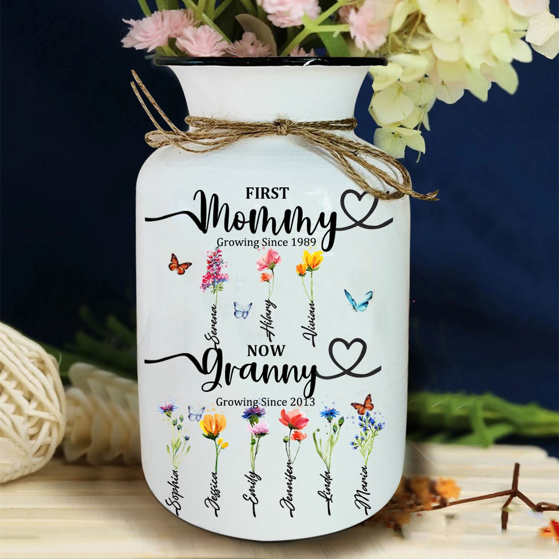 First Mom Now Grandma Custom Birth Flower Vase With Kids Name For Mother's Day