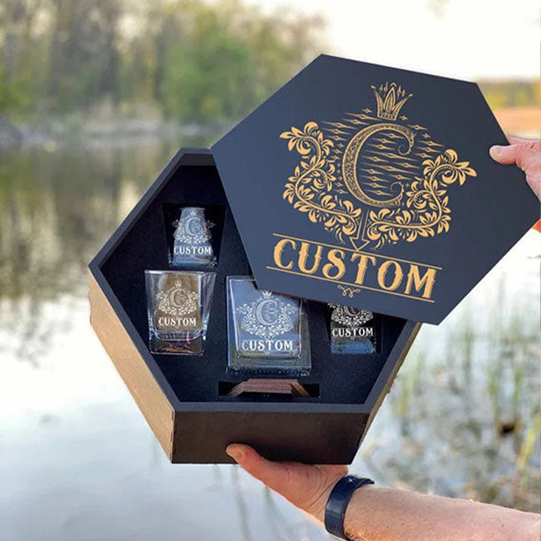 CUSTOM NAME - WHISKEY SET (Wooden box + Decanter + 4 Glasses + 4 Coasters)