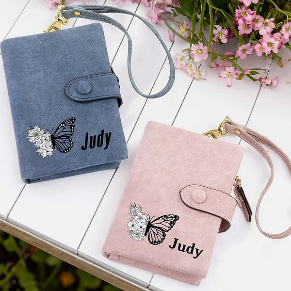 Personalized Tri-Fold Butterfly Birth Flower Leather Wallet with Coin Holder Birthday Christmas Gift for Woman