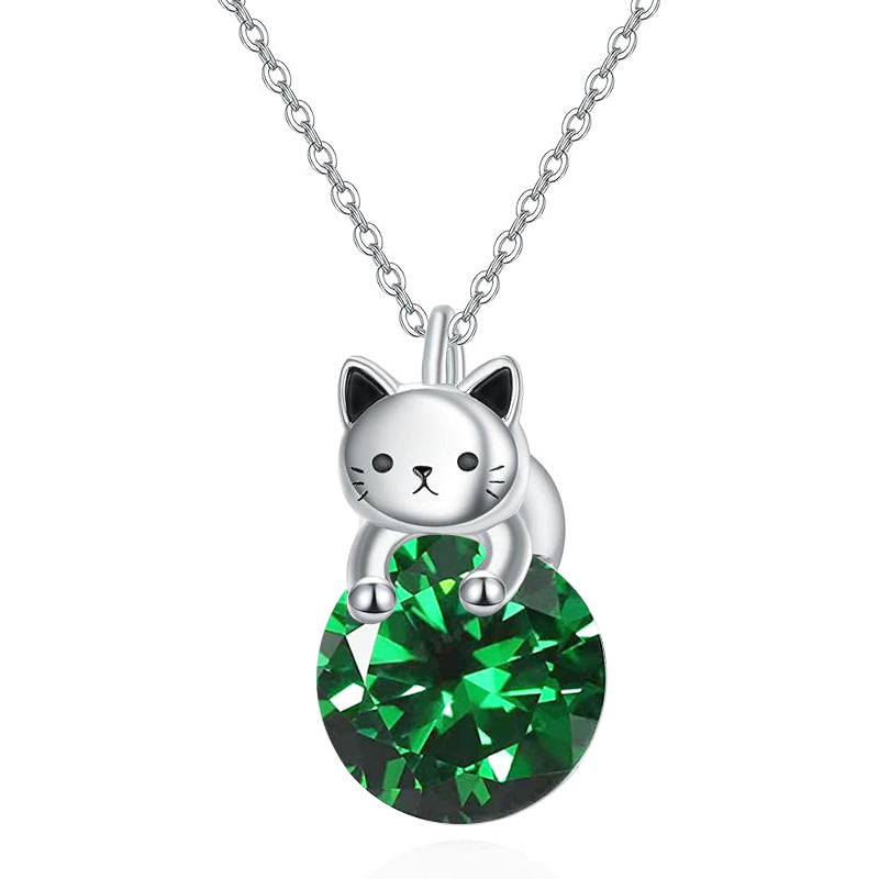 Cat Necklace with Birthstone 925 Sterling Silver Cat Pendant Necklace Gift for Women