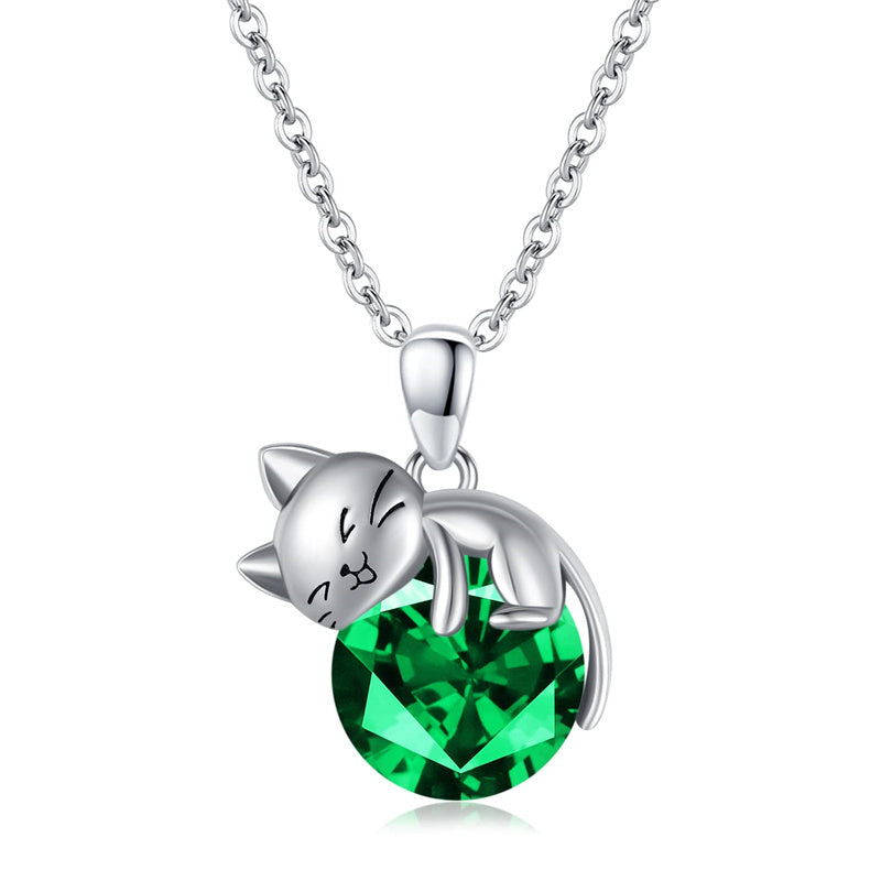 Cat Necklace with Birthstone 925 Sterling Silver Cat Pendant Necklace Gift for Women