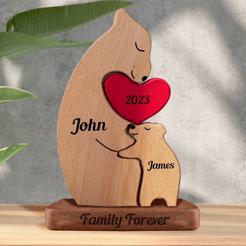 Personalized Single Parents Ver 2 Family With Stand - Puzzle Wooden Bear Family - Wooden Pet Carvings